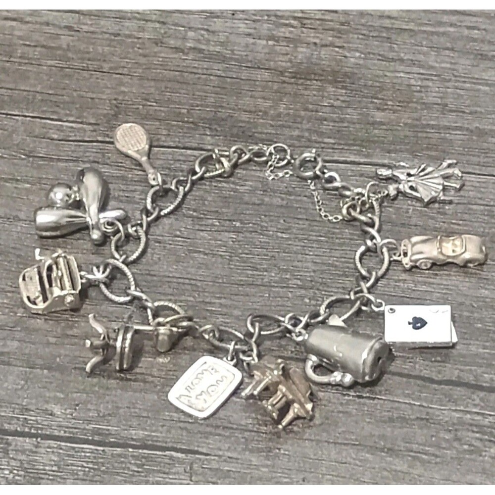 Sterling Silver 10 Charm Ace Cards Car Couple Piano Typewriter Vintage Bracelet